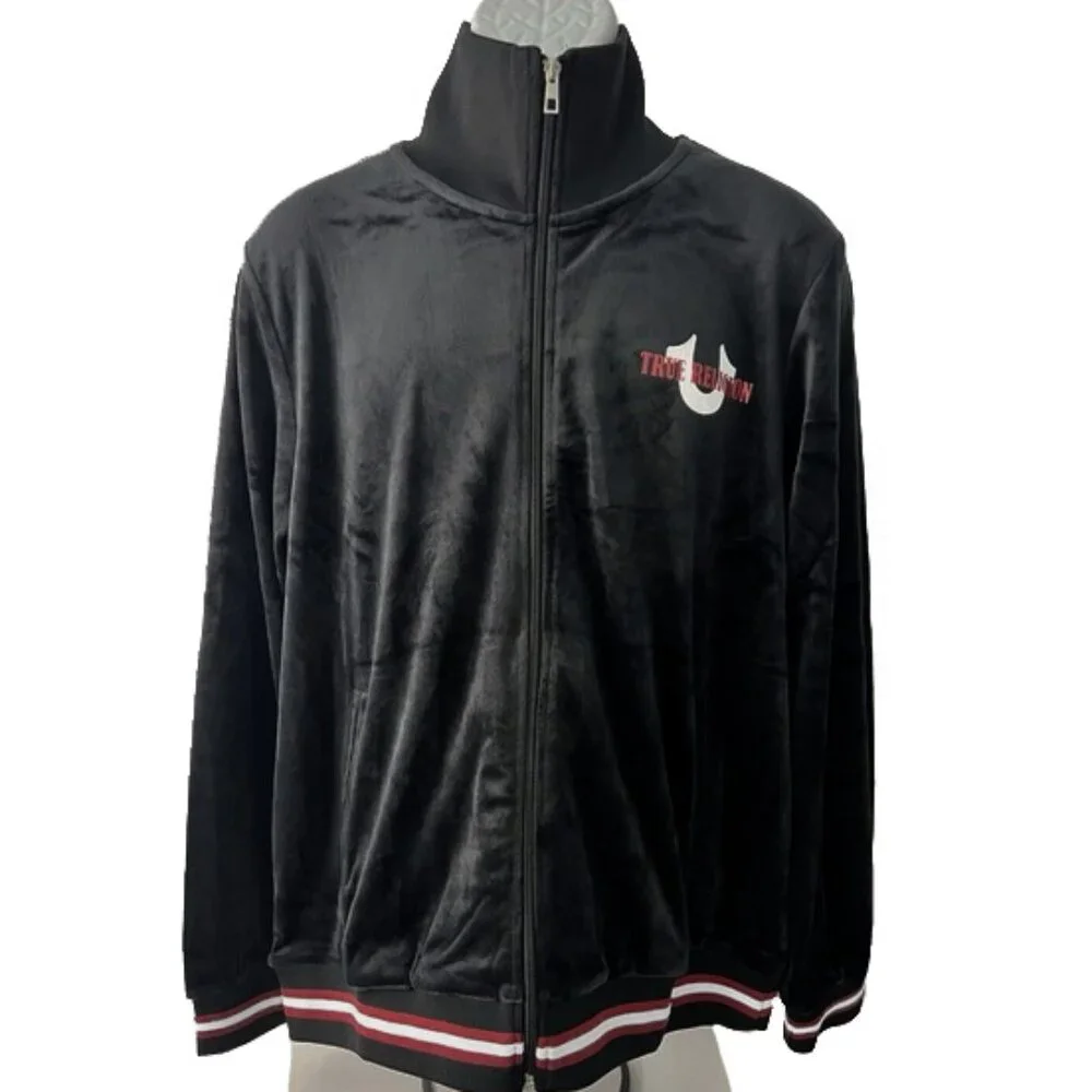 NEW $139 True Religion Velour World Tour Logo Track Jacket! L Black Big Buddha